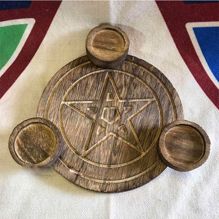 Pentagram wooden candle holder - Deosil and Widdershins